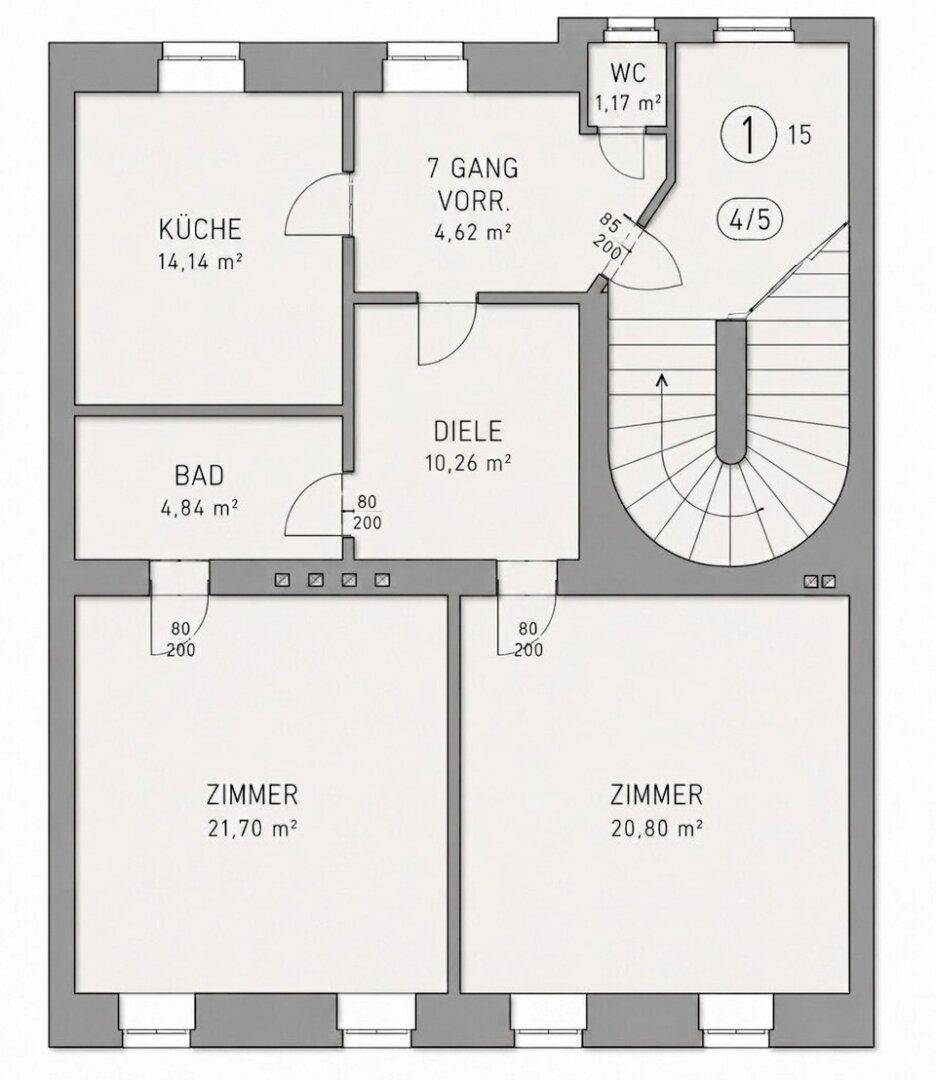 Grundriss einer Wohnung mit Küche, Bad, separatem WC, Diele und drei weiteren Zimmern.