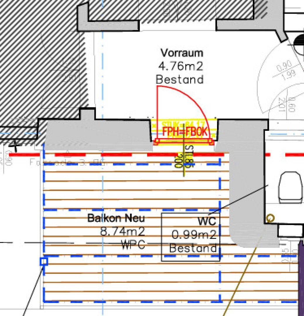 Detaillierter Grundriss mit Vorraum, neuem Balkon und WC-Bereich.