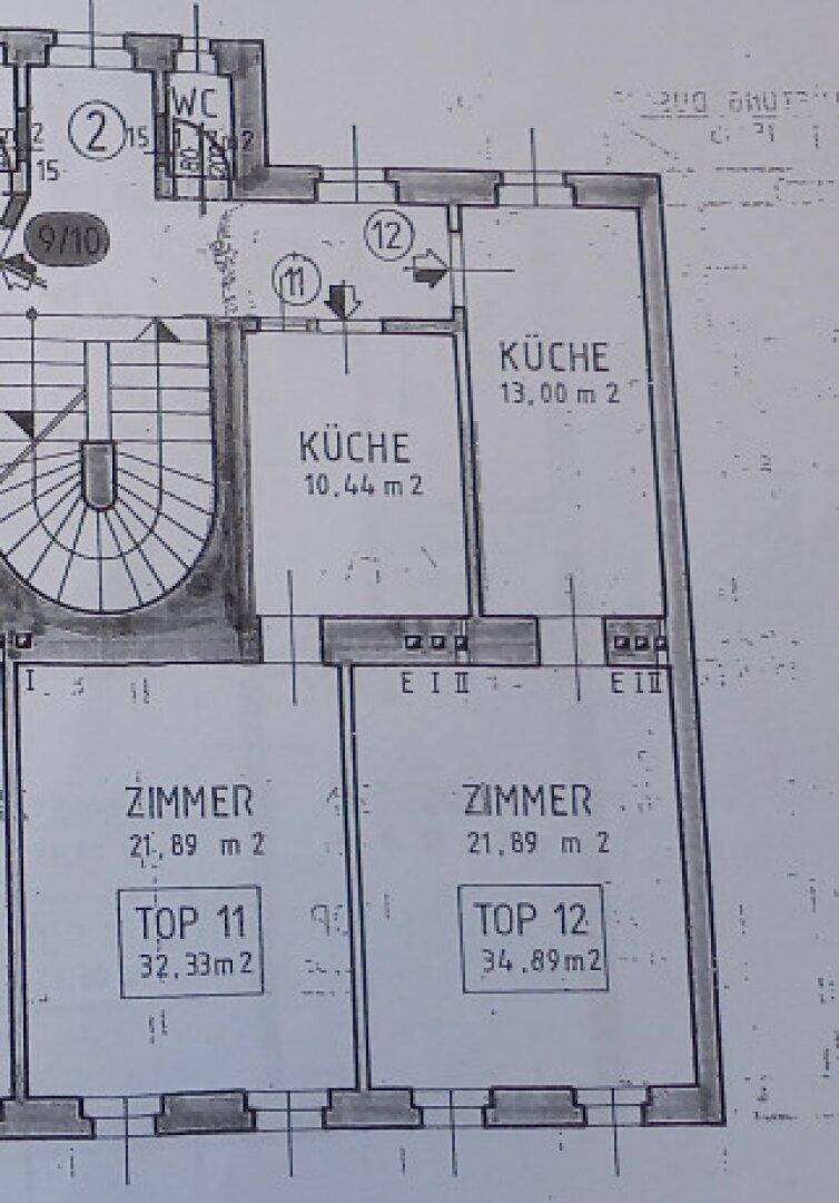 Grundriss zeigt zwei Zimmer und zwei Küchen mit Flächenangaben.