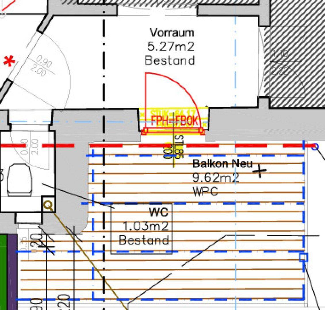 Detailansicht eines Grundrisses mit neuem Balkon, Vorraum und WC.