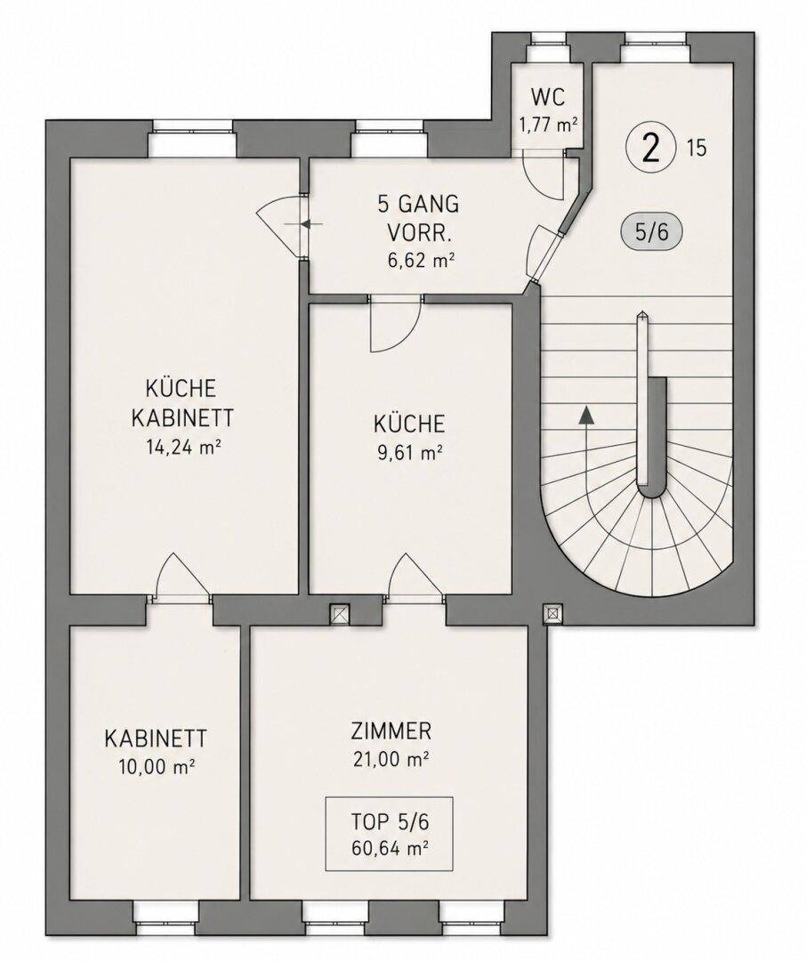 Grundrissplan einer Etage mit mehreren Zimmern, zwei Küchen und einem separaten WC.