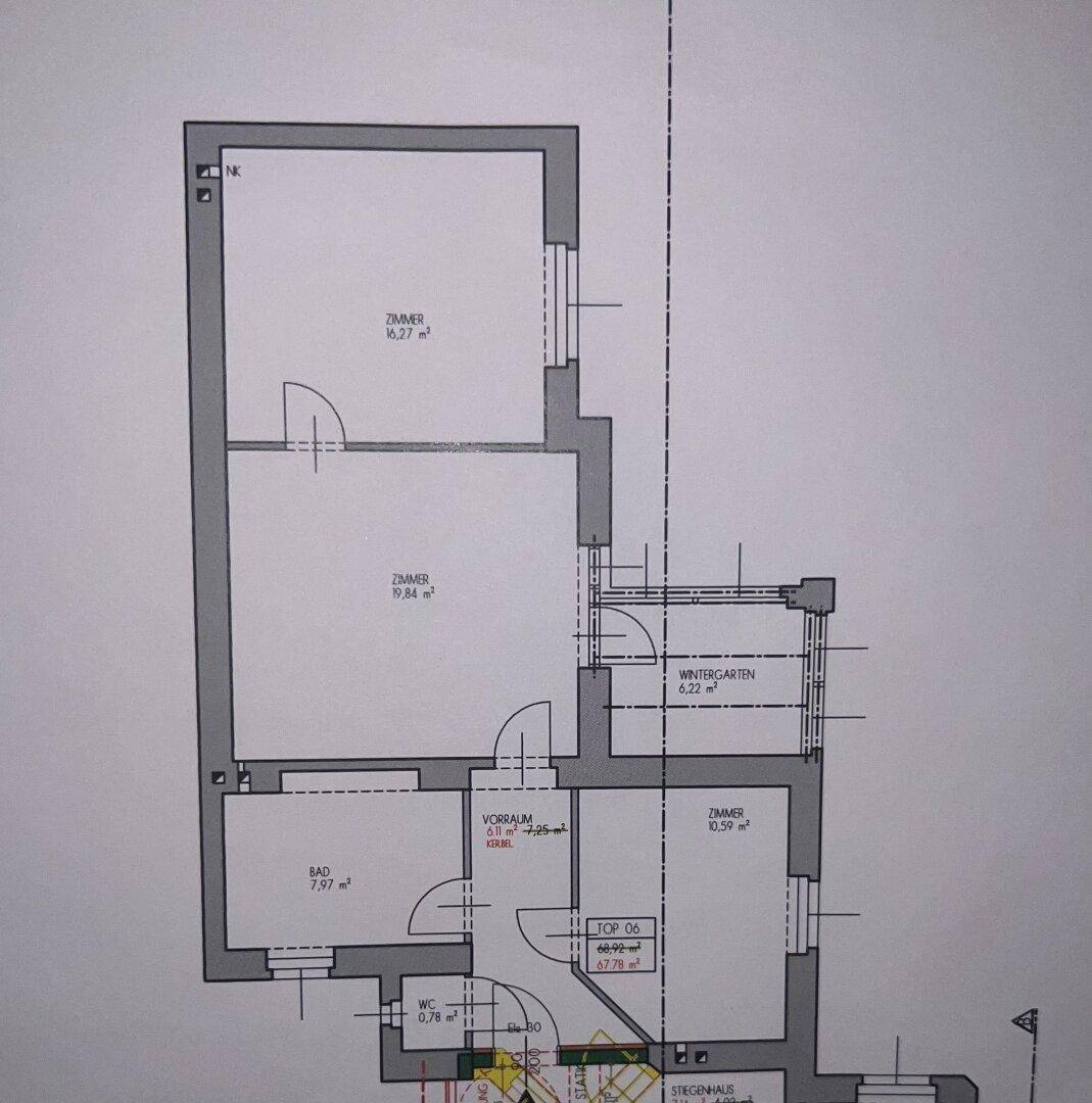 Grundriss der Wohnung mit Zimmern, Bad, WC und Wintergarten, Gesamtfläche 68,92 m².