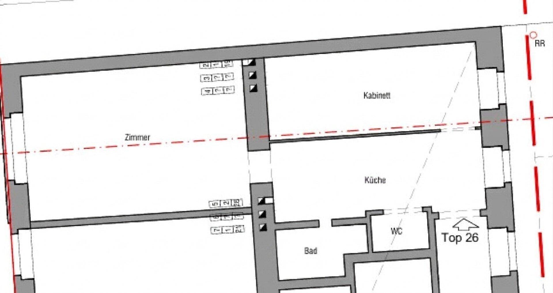 Grundriss einer Wohnung mit Zimmern, Küche, Bad und separatem WC.