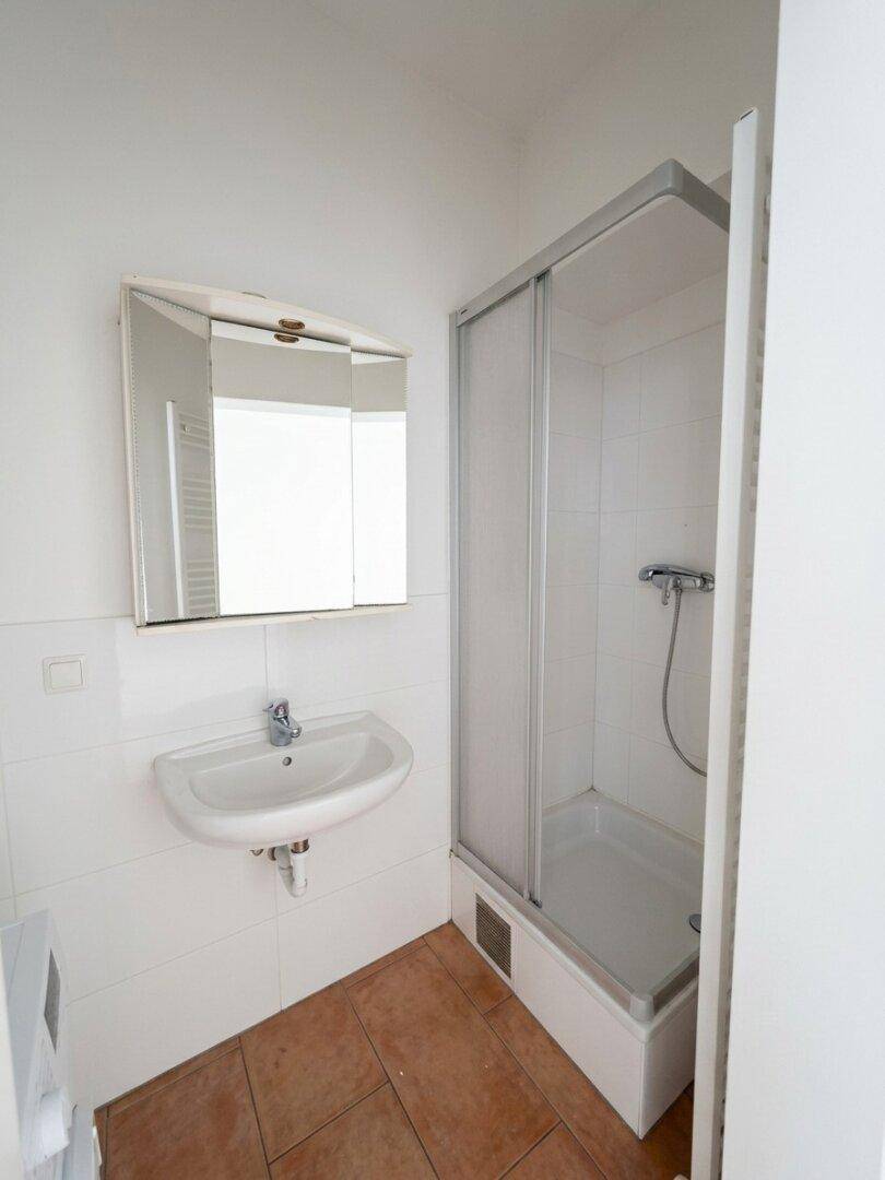 Funktionales Badezimmer mit Duschkabine, Waschbecken, Spiegelschrank und Terrakotta-Fliesenboden.