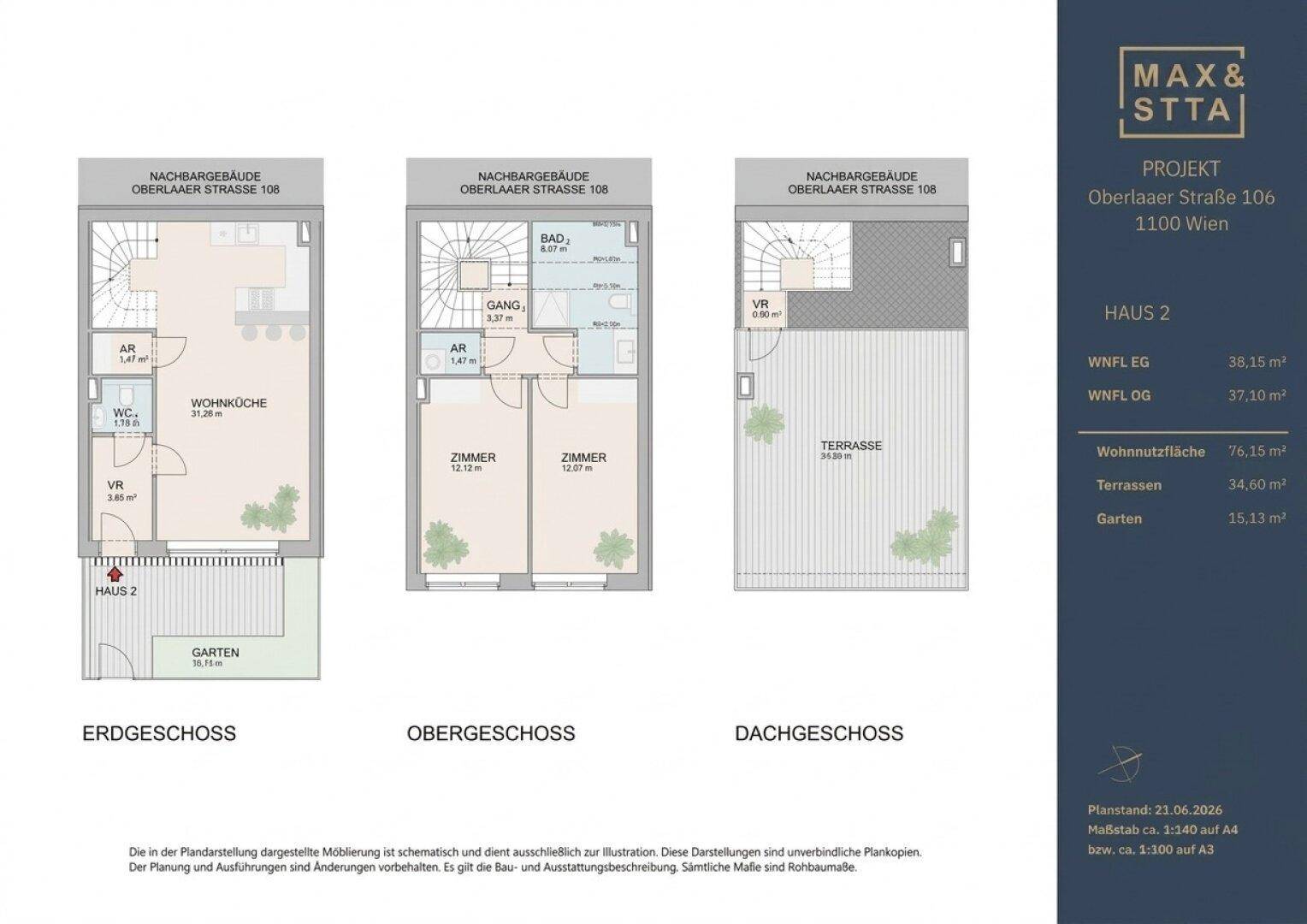 Detaillierter Grundriss eines Hauses mit Erdgeschoss, Obergeschoss und Dachgeschoss.