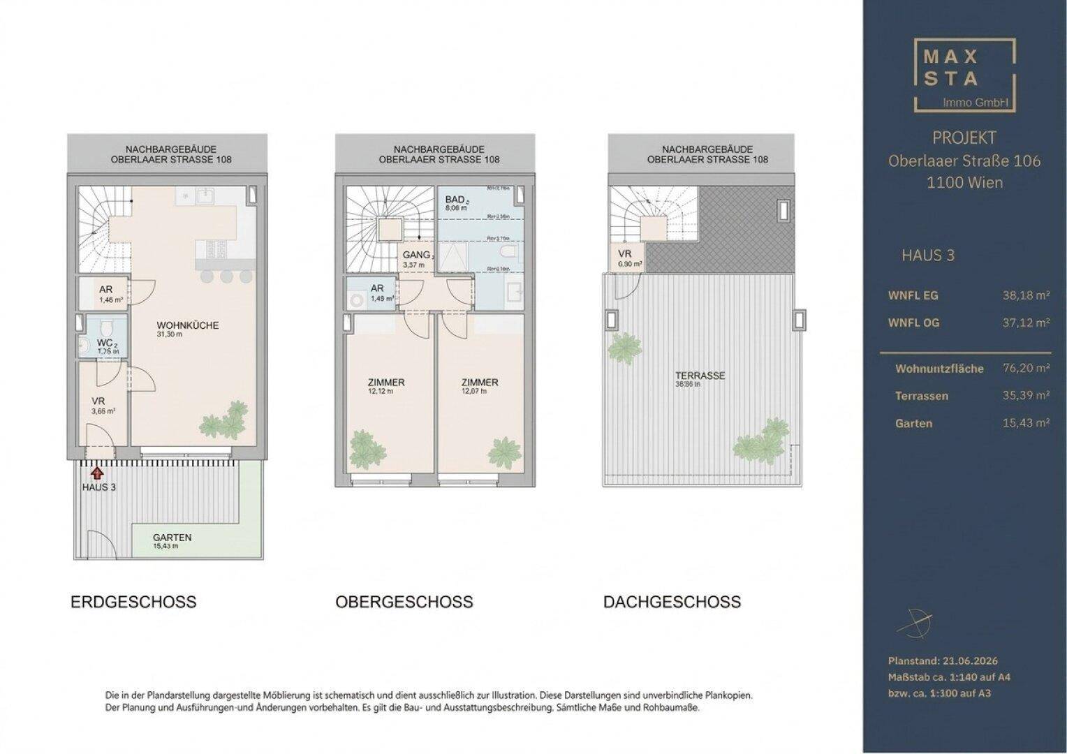 Detaillierter Grundriss eines Hauses über drei Etagen mit Garten, Terrasse und offener Wohnküche.