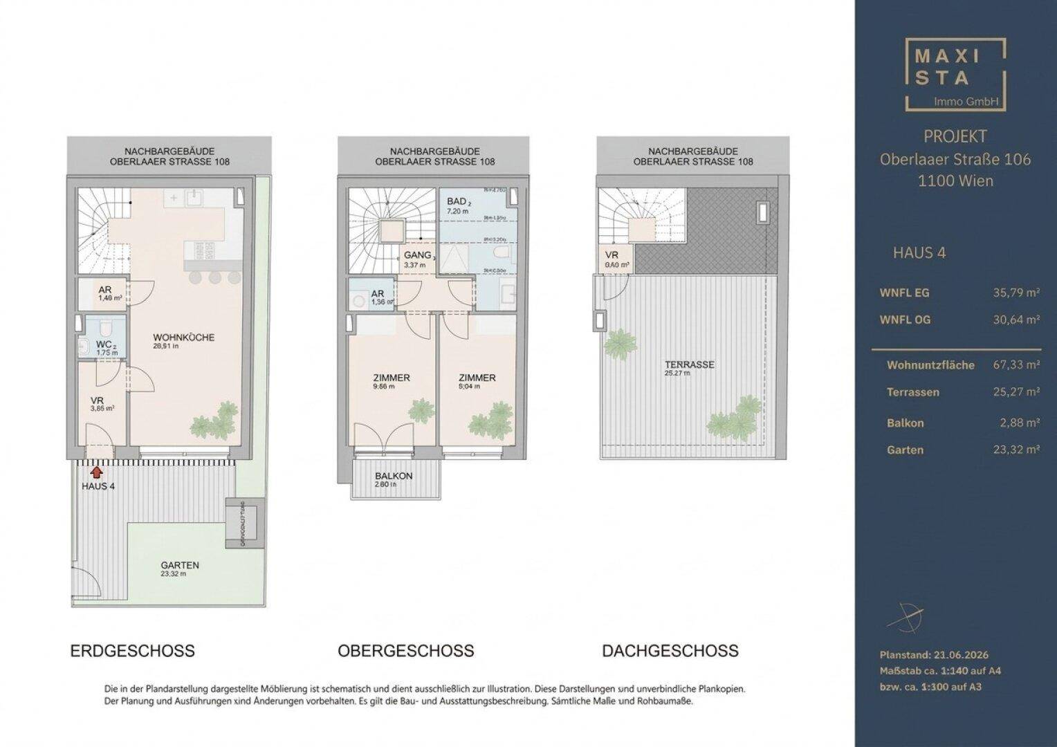 Grundriss für Haus 4 mit Erdgeschoss, Obergeschoss und Dachgeschoss inklusive Garten und Terrasse.