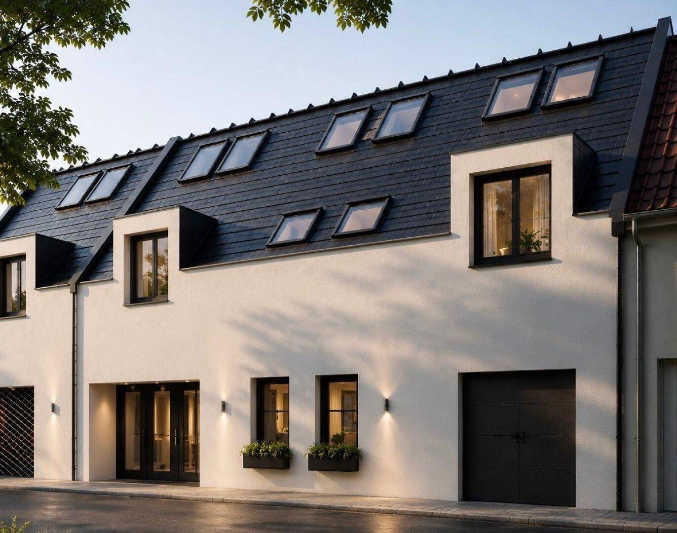 Moderne Gebäudefassade mit weißem Putz, dunklem Dach und zahlreichen Dachfenstern.
