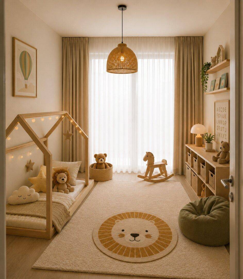 Gemütliches Kinderzimmer mit hellem Holzbett, weichem Teppich und viel natürlichem Licht durch das Fenster.