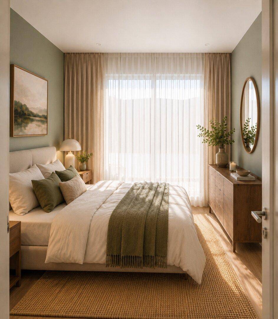 Helles Schlafzimmer mit Doppelbett, Holzkommode und großen Fenstern, die viel Tageslicht hereinlassen.