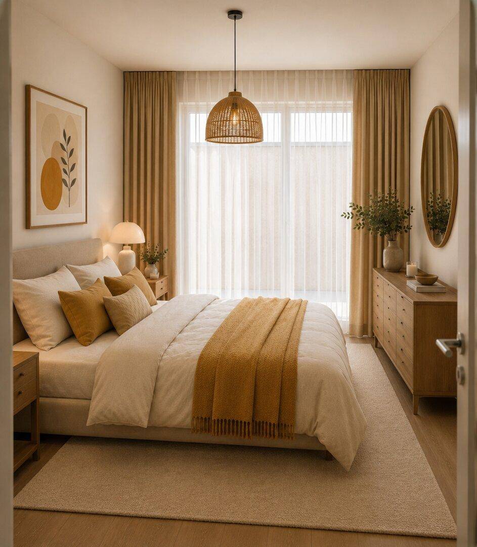 Gemütliches Schlafzimmer mit Doppelbett, Holzkommode und großem Fenster für viel Tageslicht.
