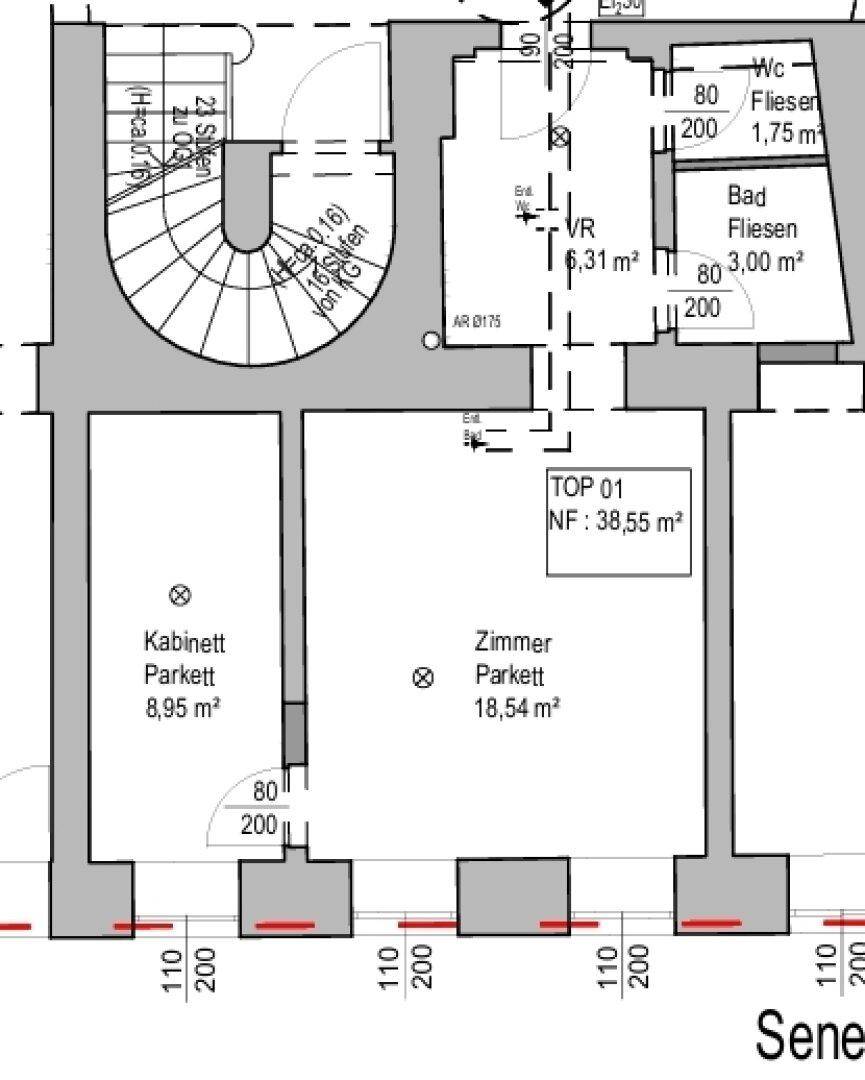 Grundriss einer kompakten Wohnung mit zwei Zimmern, Bad und separatem WC, ideal für Singles oder Paare.