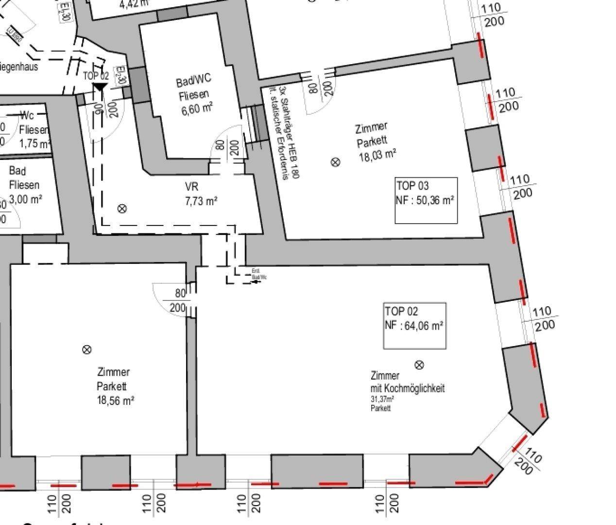 Grundrissplan mit mehreren Zimmern, Bad und Vorraum, inklusive Flächenangaben.