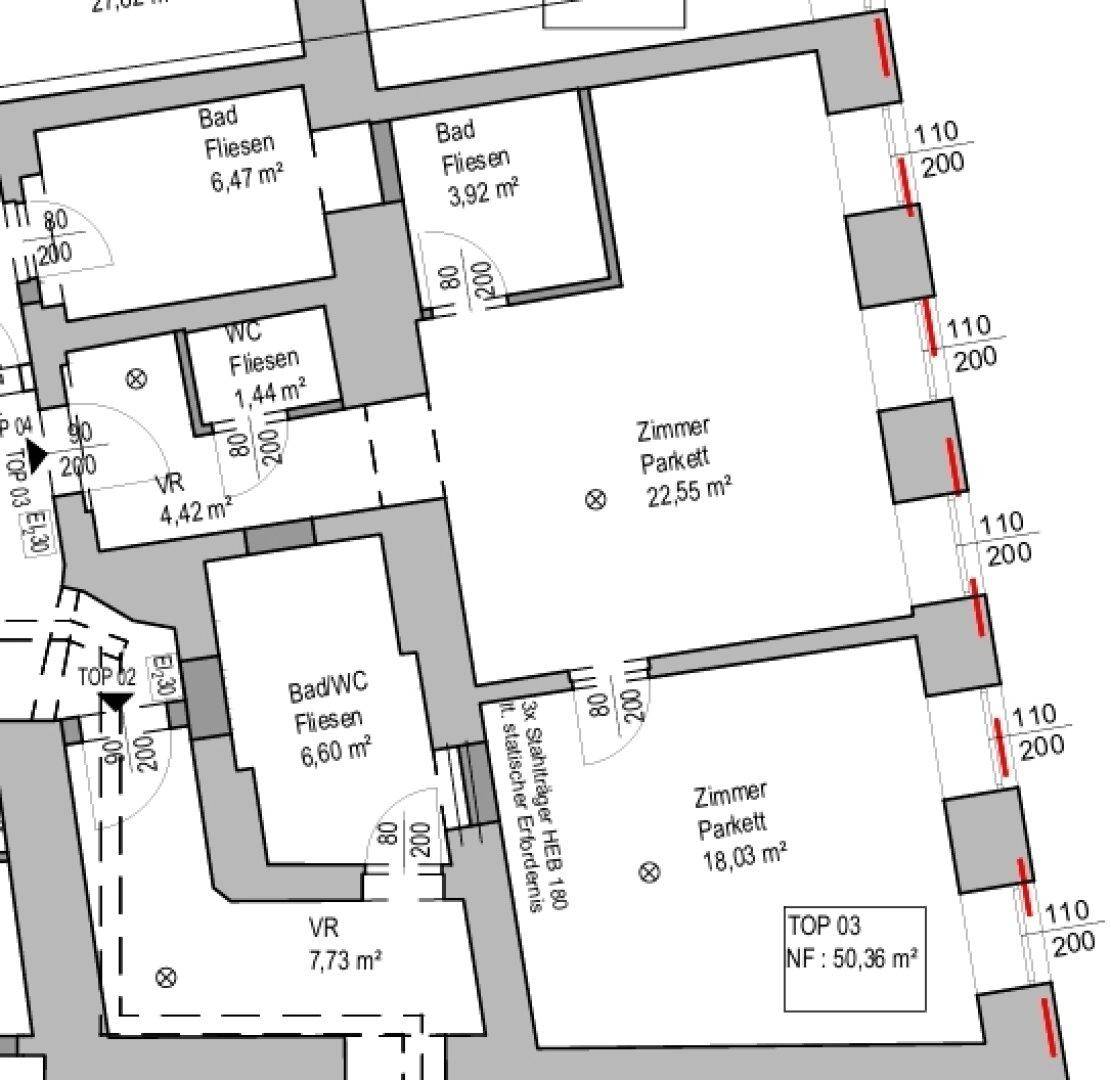 Grundrissplan mit mehreren Bädern, Gäste-WC und großen Fenstern in den Zimmern.