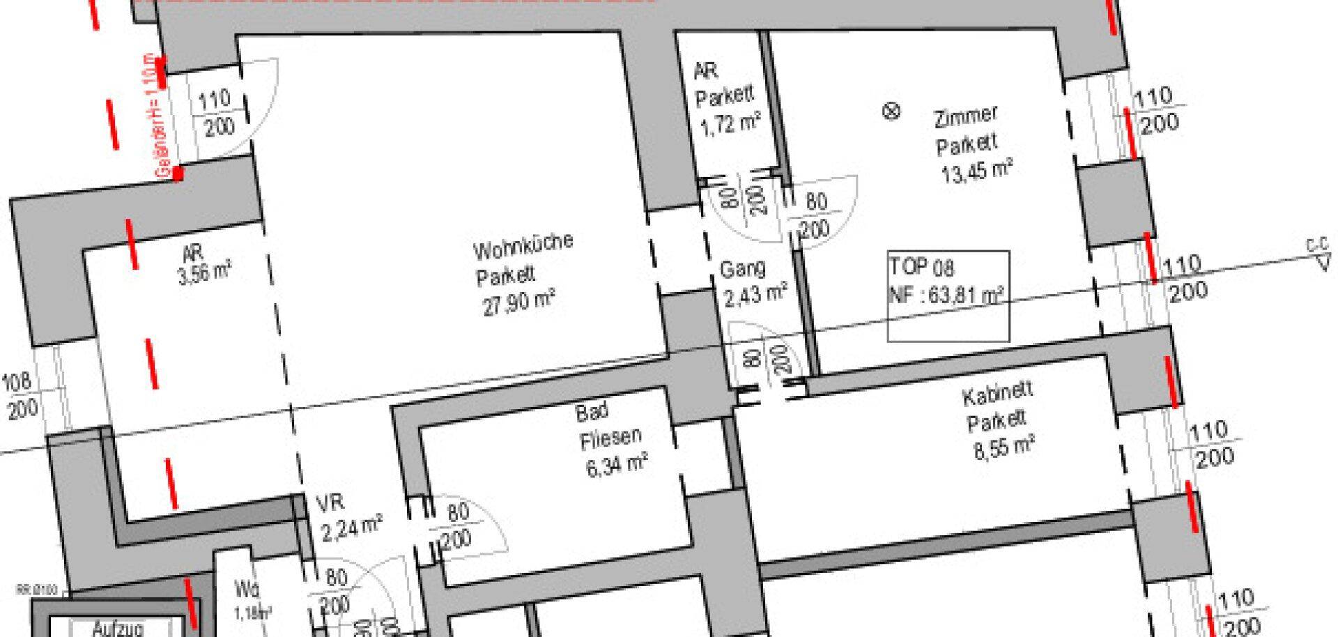 Grundriss einer Wohnung mit Wohnküche, Zimmern und Bad, inklusive Flächenangaben.