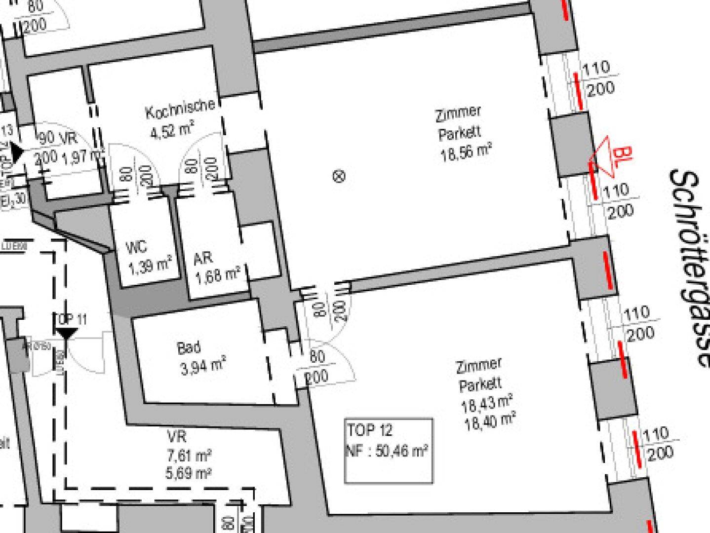 Grundrissplan einer Wohnung mit Kochnische, Bad, WC und zwei Zimmern.