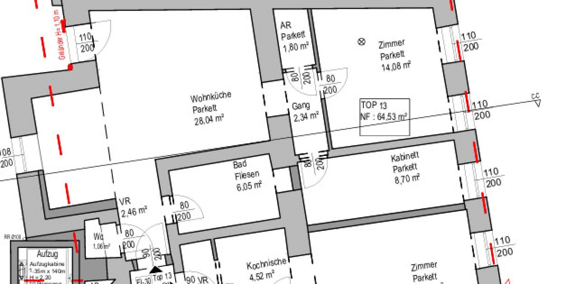 Grundriss einer Wohnung mit mehreren Zimmern, Wohnküche und Bad.