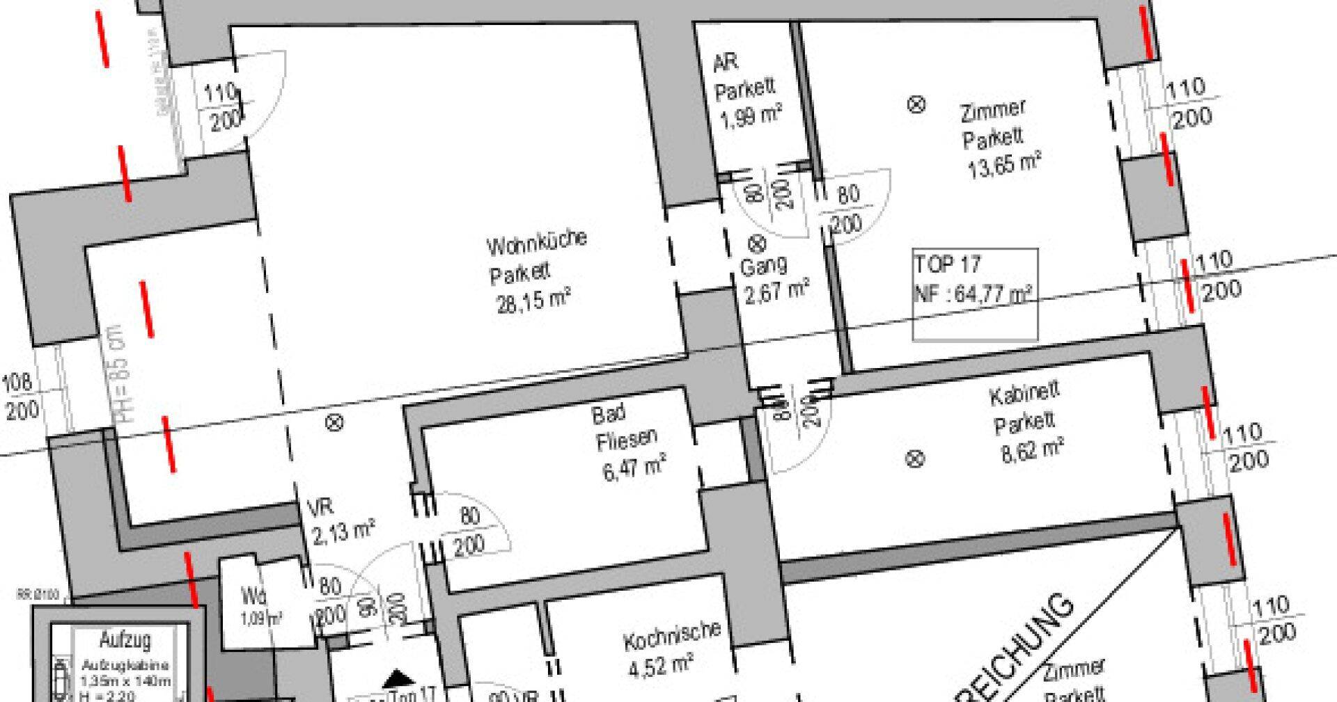 Grundrissplan einer Wohnung mit Wohnküche, Zimmern und Bad, Gesamtfläche 64,77 m².