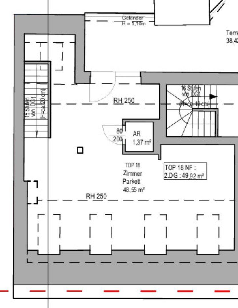 Grundriss des zweiten Dachgeschosses mit großem Zimmer und Zugang zur Terrasse.