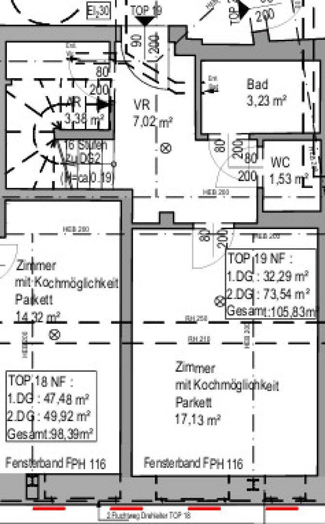 Detaillierter Grundriss einer Wohnung mit Bad, separatem WC und Zimmern mit Kochmöglichkeiten.