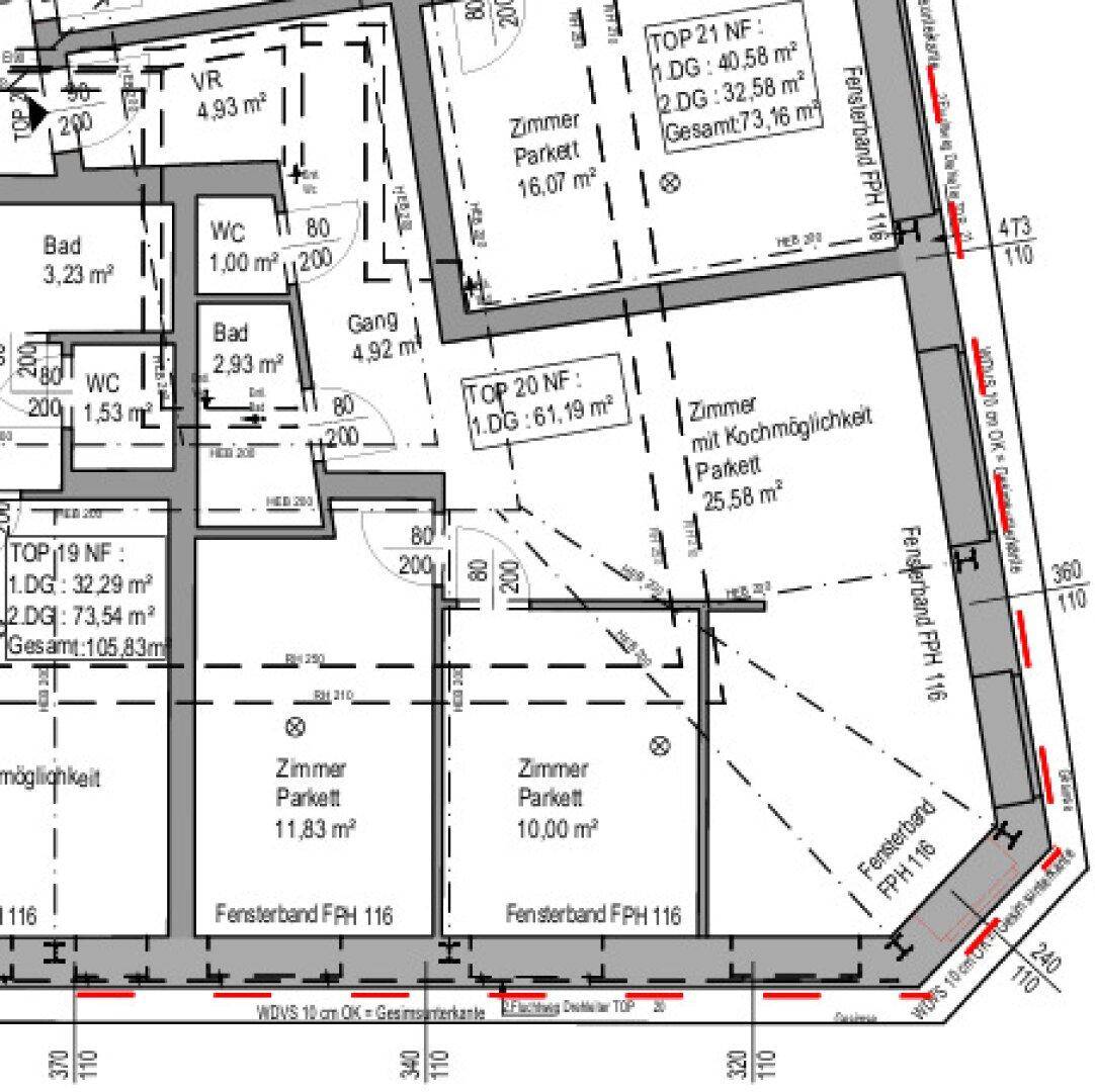 Grundrissplan einer Wohnung mit mehreren Zimmern, Bädern und einem Gang.