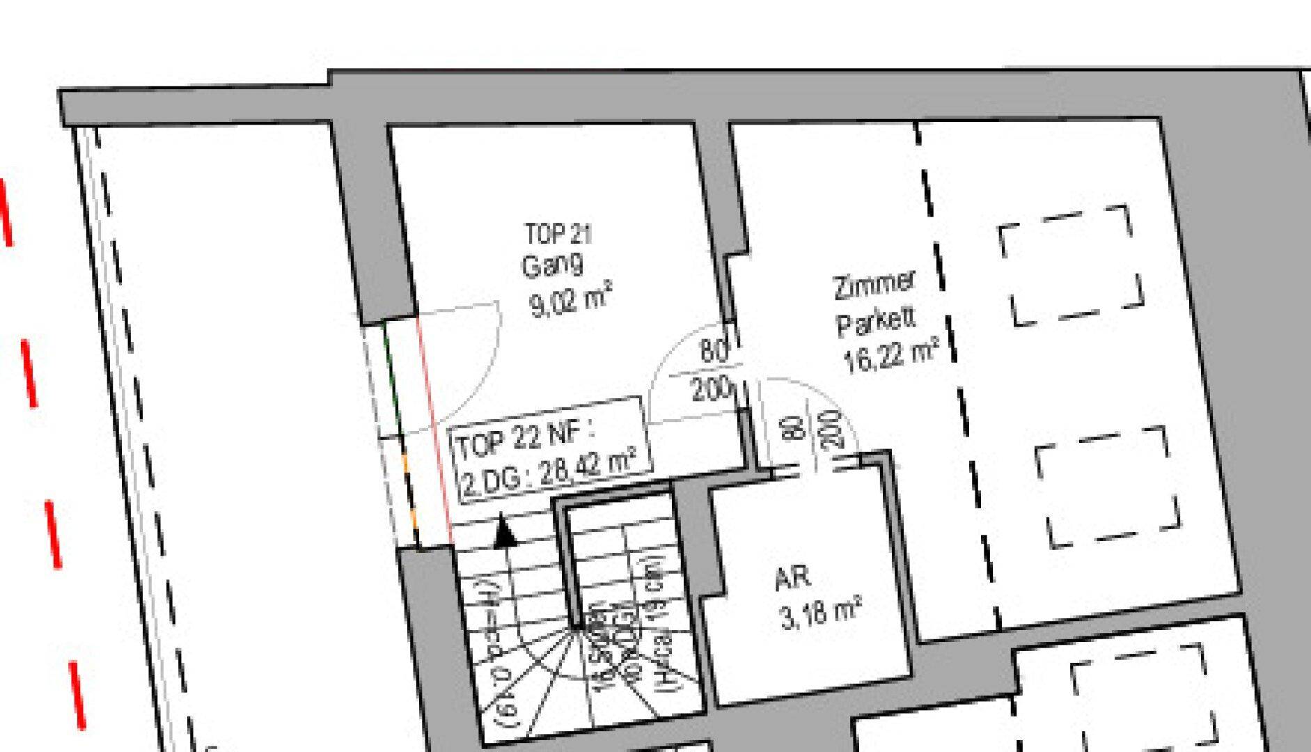 Ausschnitt eines Grundrisses mit Zimmern, Gang und Treppenaufgang.