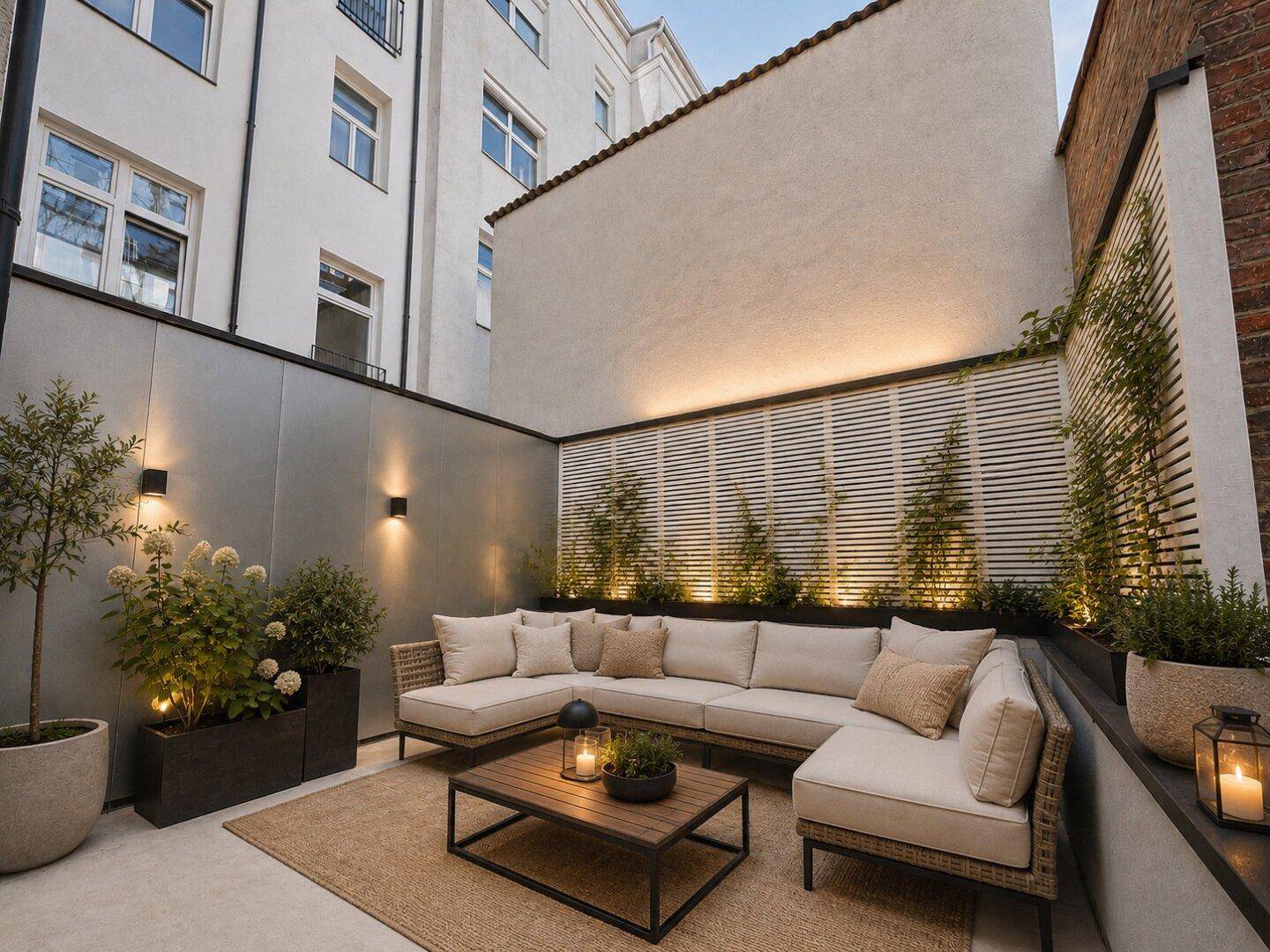 Gemütliche, beleuchtete Terrasse mit Lounge-Möbeln und Pflanzen für entspannte Abende.