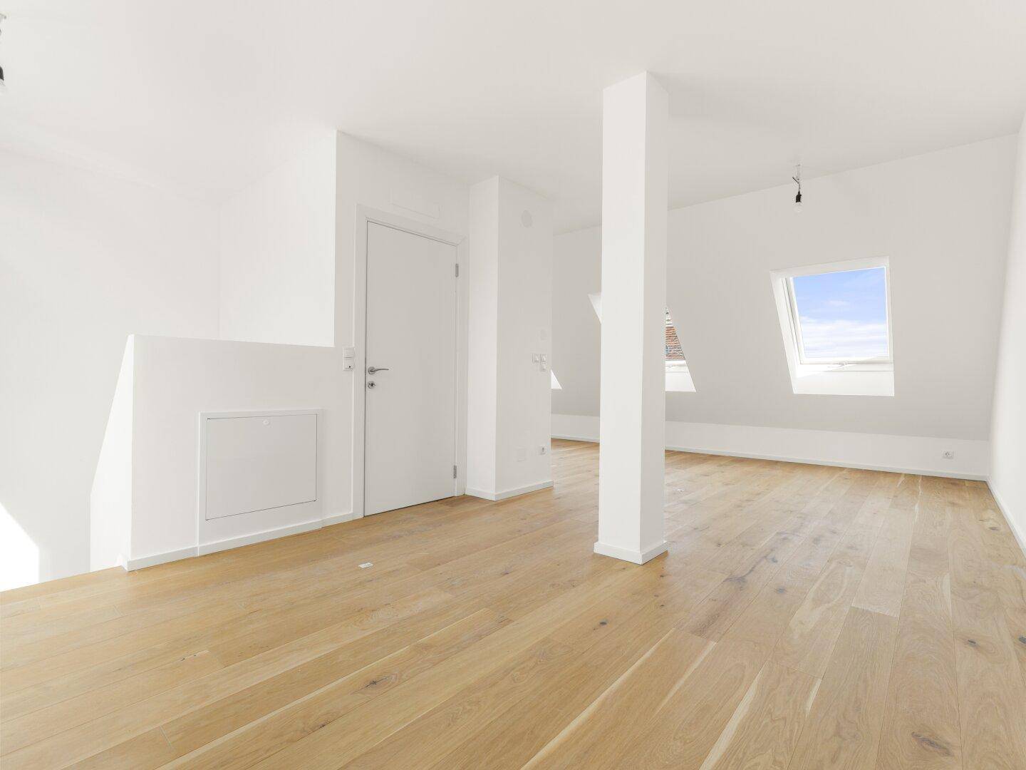 Geräumiger, heller Dachgeschossraum mit Holzboden, schrägen Wänden und einer Tür, ideal für flexible Nutzung.