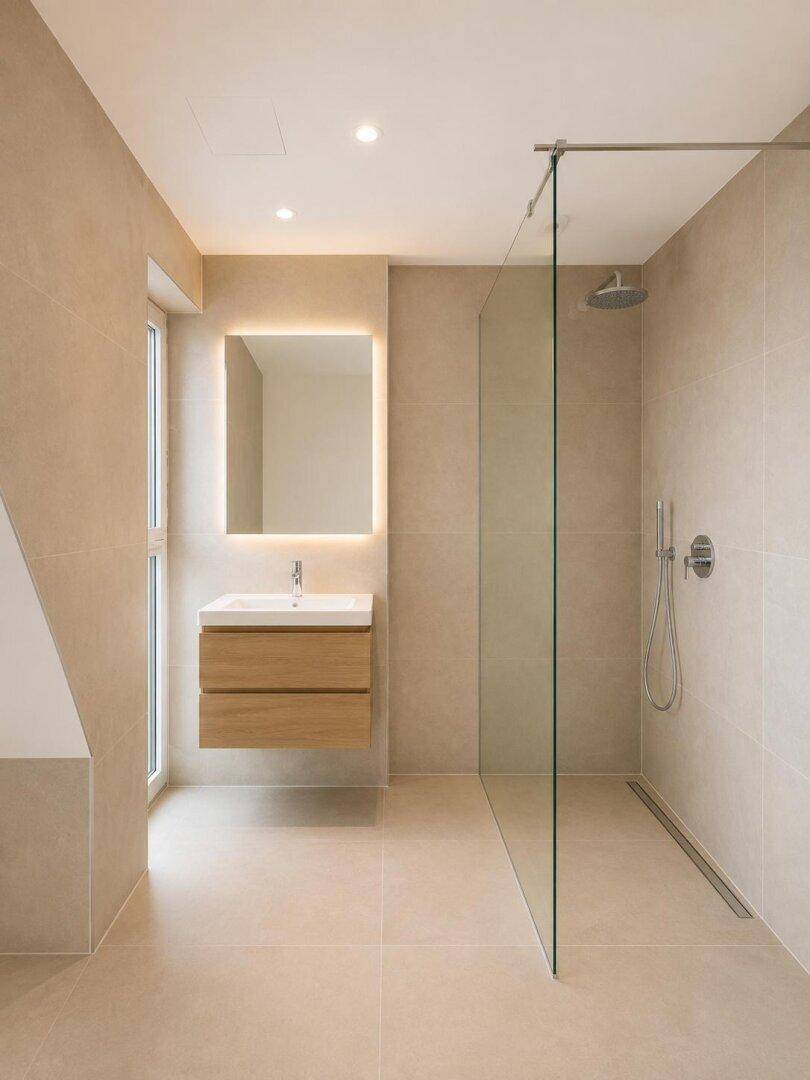 Modernes Badezimmer mit begehbarer Dusche, schwebendem Waschtisch und beleuchtetem Spiegel.