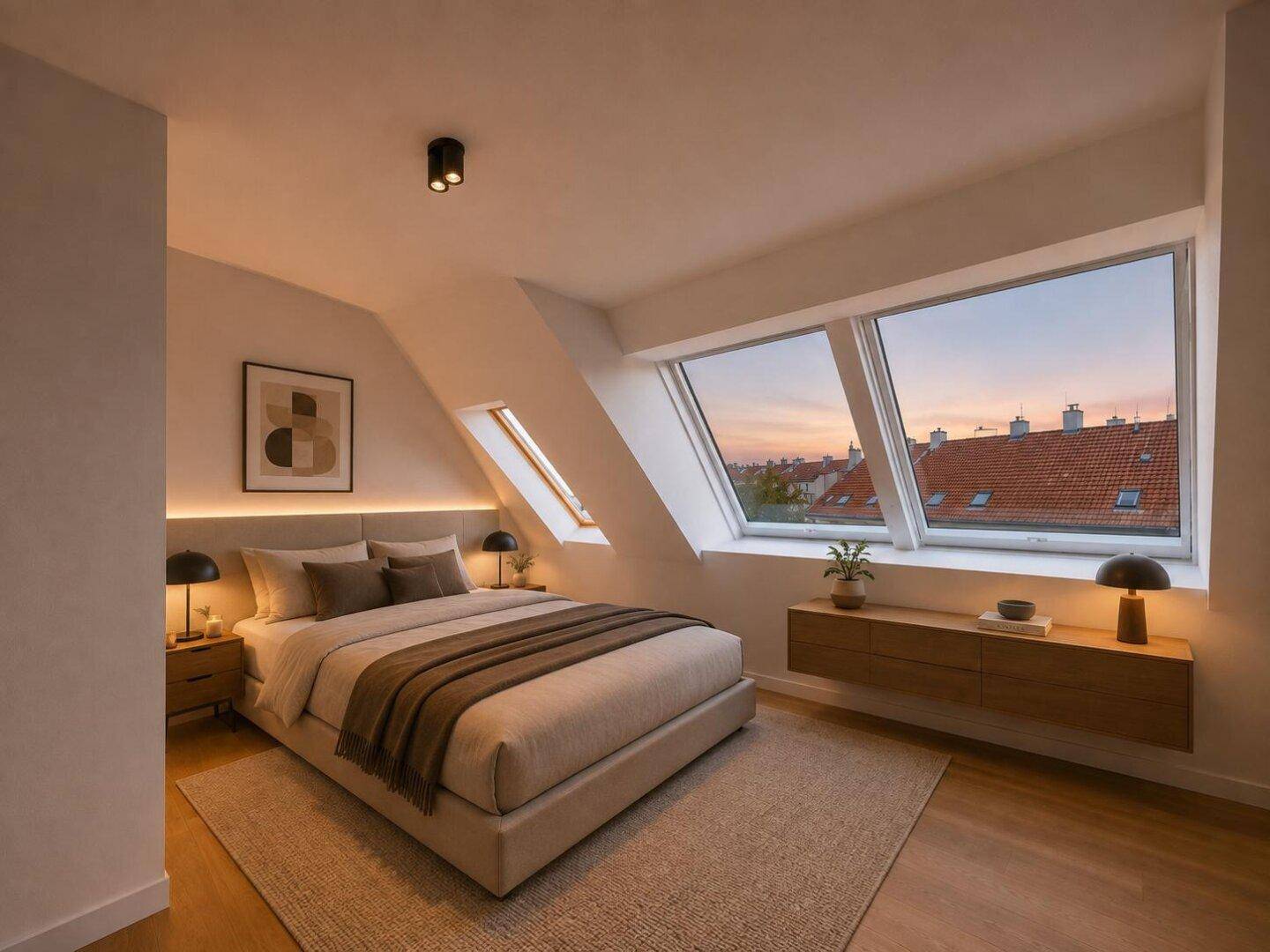 Modernes Schlafzimmer im Dachgeschoss mit großen Fenstern, Holzboden und indirekter Beleuchtung.