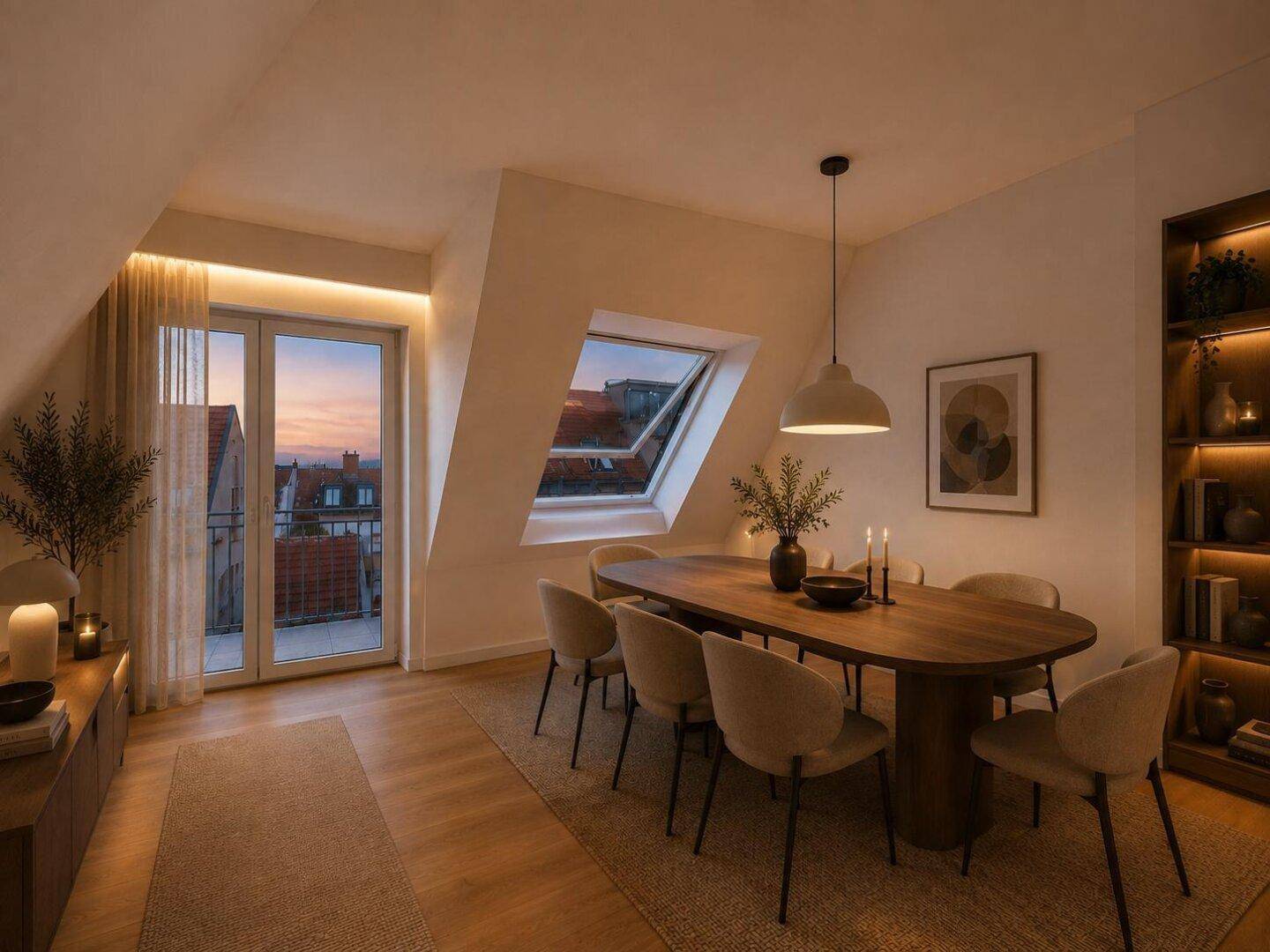 Gemütlicher Essbereich im Dachgeschoss mit Holzboden, Dachfenster und Zugang zu einem Balkon.