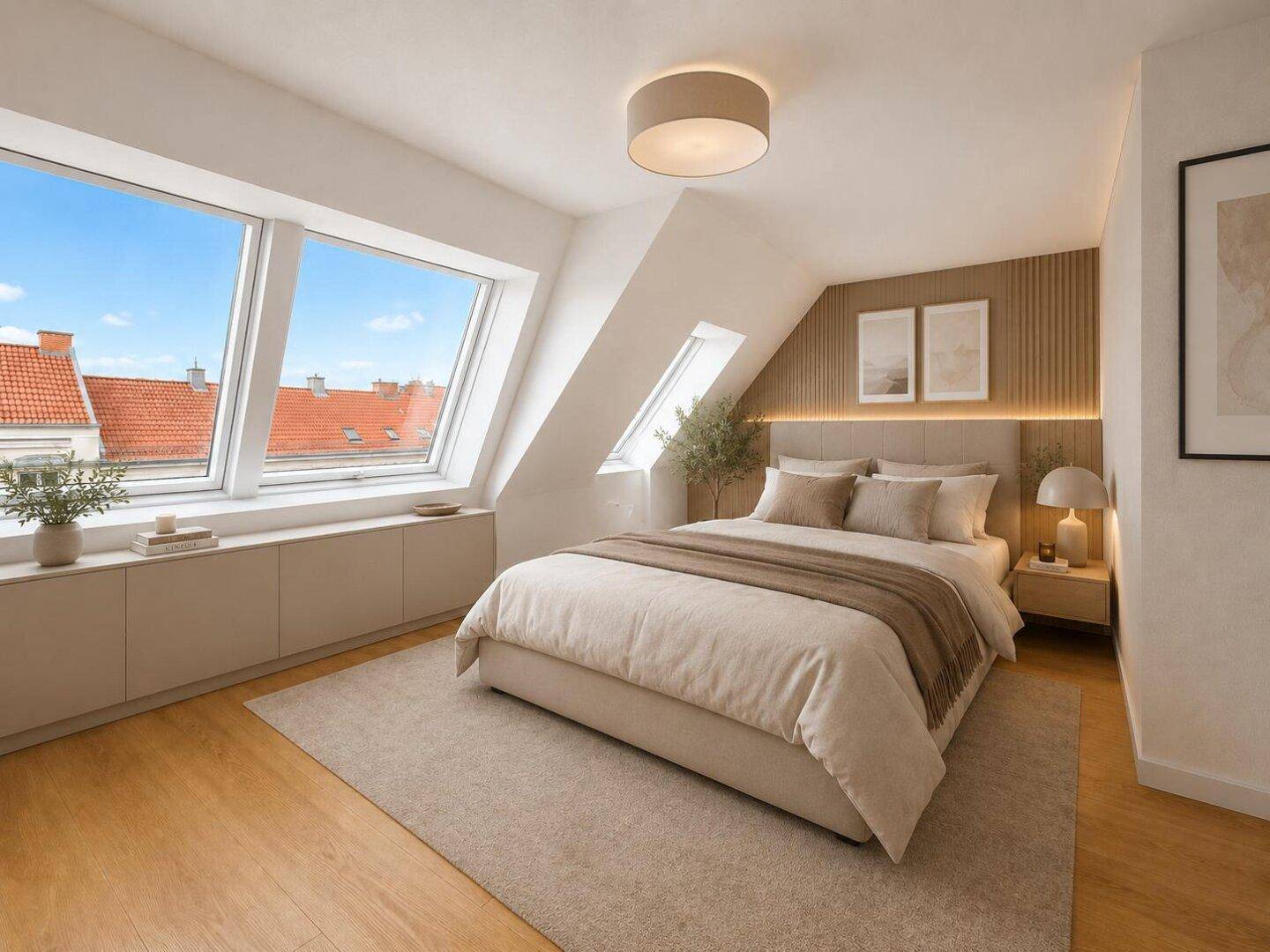 Helles Schlafzimmer im Dachgeschoss mit großen Fenstern, Holzboden und moderner Wandverkleidung.