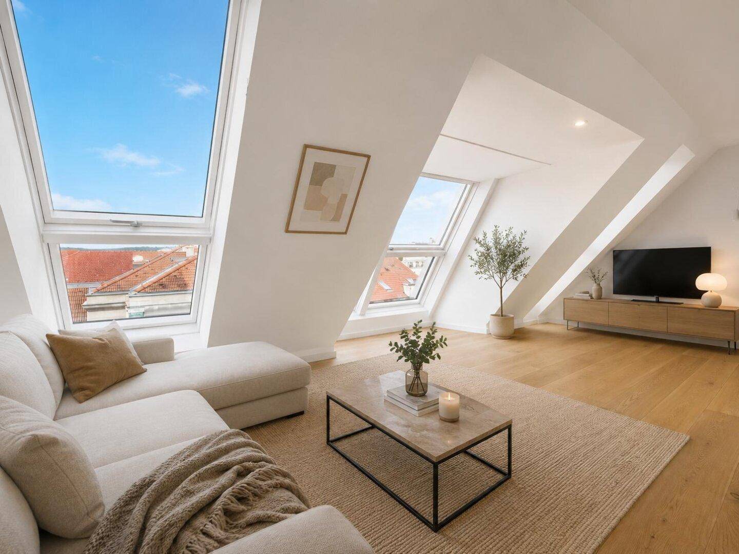 Helles Wohnzimmer mit beigem Sofa, Holzboden und großen Dachfenstern mit Stadtblick.