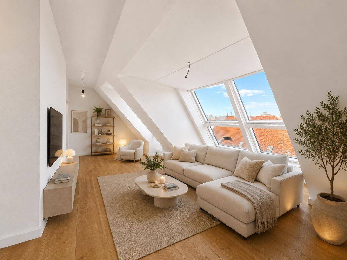 Modern eingerichtetes Wohnzimmer mit beigem Sofa, Holzboden und weitem Blick über die Stadt.