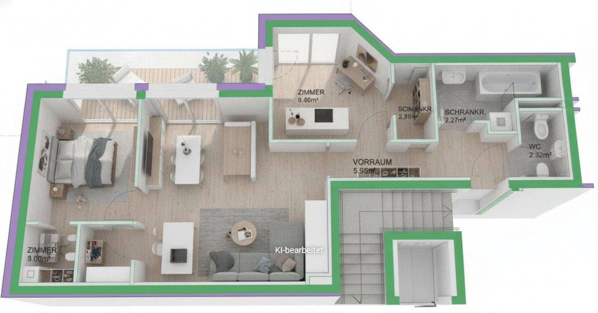 Detaillierter Grundriss einer Wohnung mit drei Zimmern, offenem Wohnbereich und Balkon.