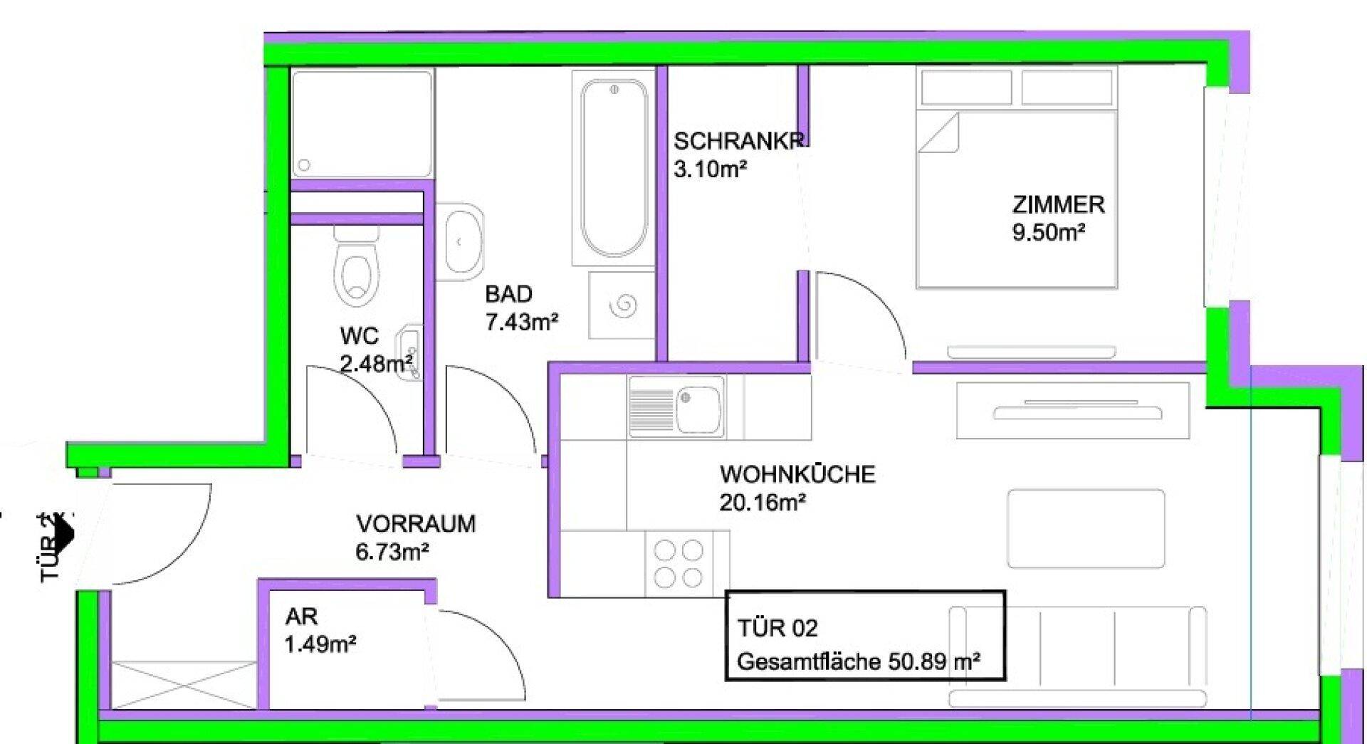 Detaillierter Grundriss der Wohnung mit Wohnküche, Schlafzimmer und Bad.