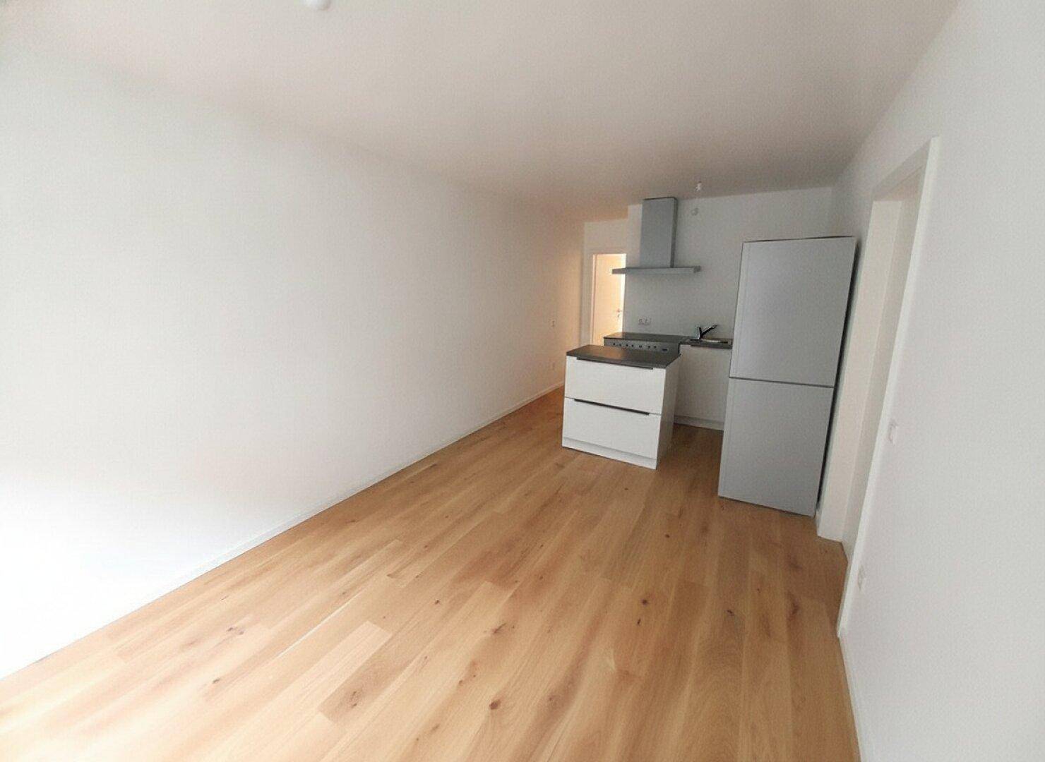 Moderner Wohnbereich mit offener Küche, hochwertigen Geräten und neuem Holzboden.