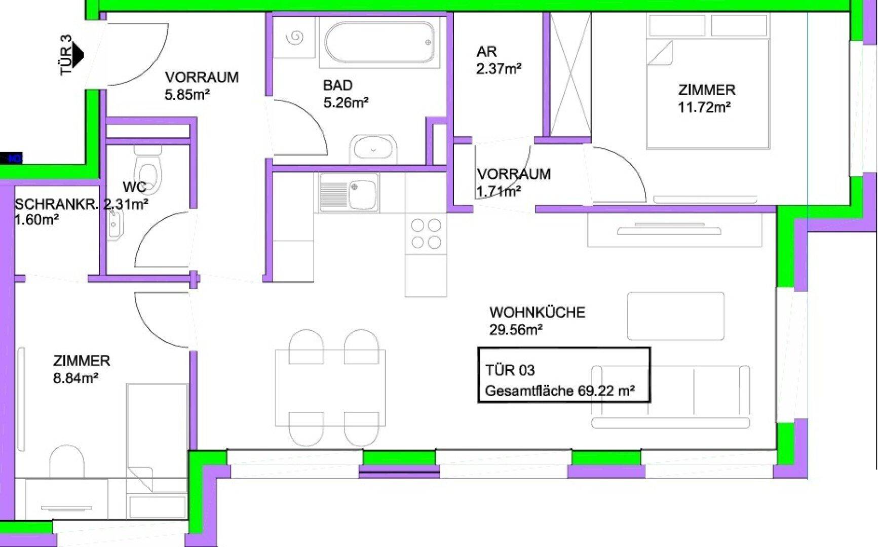 Grundriss einer Wohnung mit klar definierten Bereichen für Wohnen, Schlafen und Sanitäranlagen.
