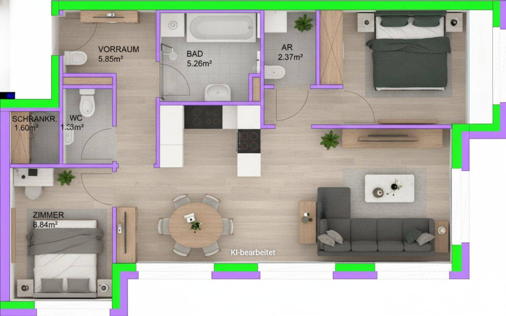 Detaillierter Grundriss einer Wohnung mit Schlafzimmern, Bad, WC und offenem Wohnbereich.