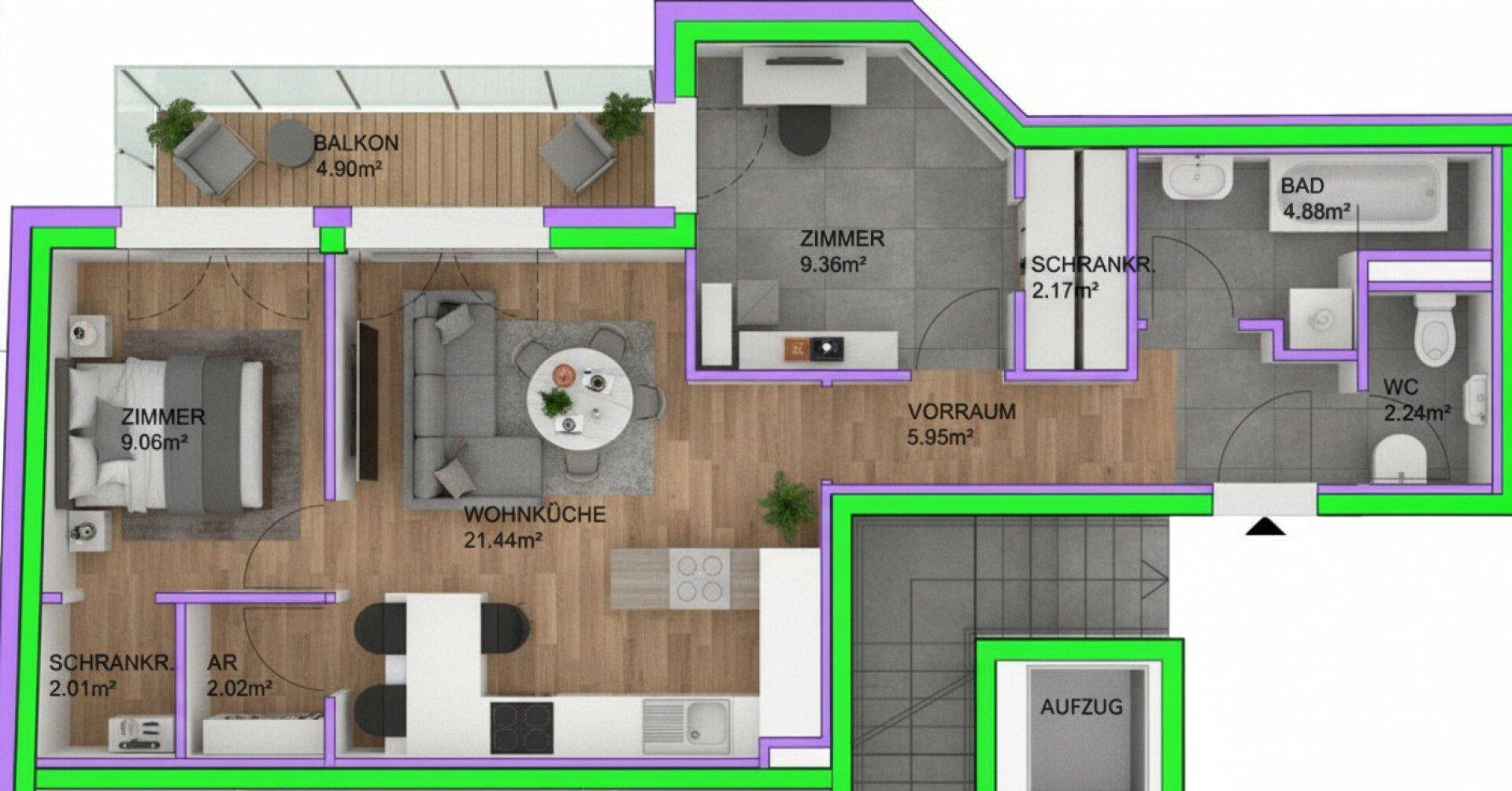 Detaillierter Grundriss einer Wohnung mit Balkon, Wohnküche und separatem WC.