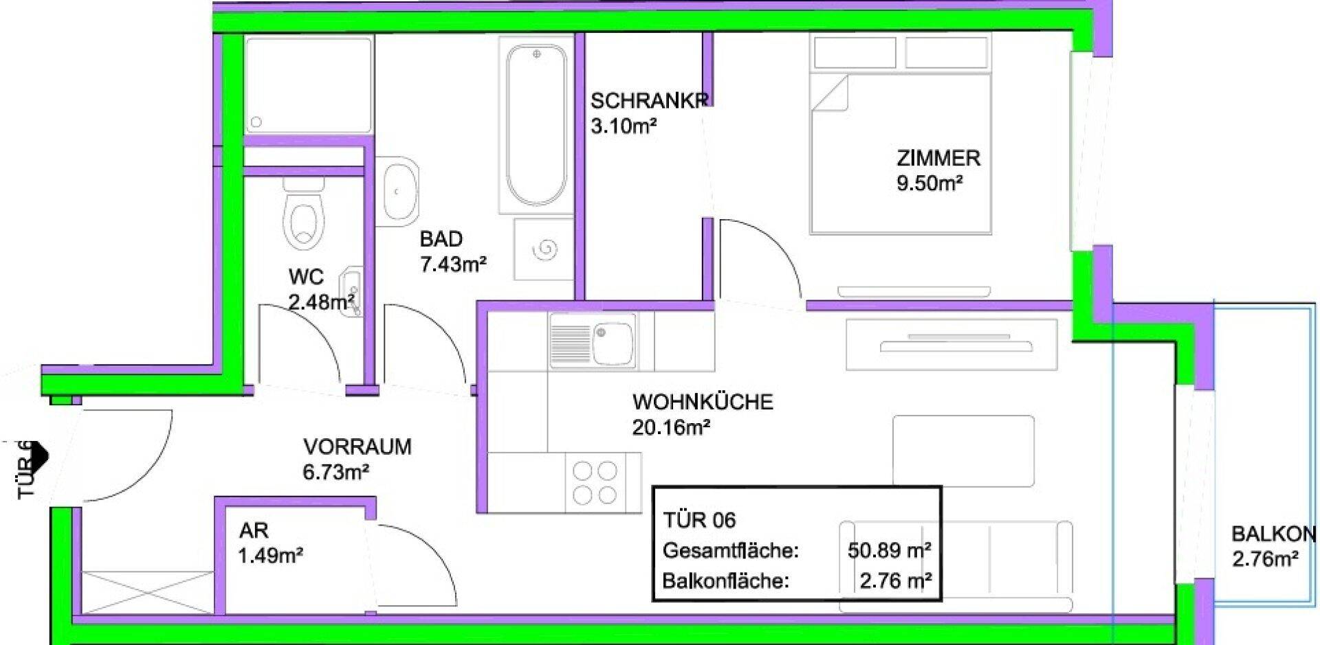Übersichtlicher Grundriss einer Wohnung mit hervorgehobenen Bereichen und Raumaufteilung.