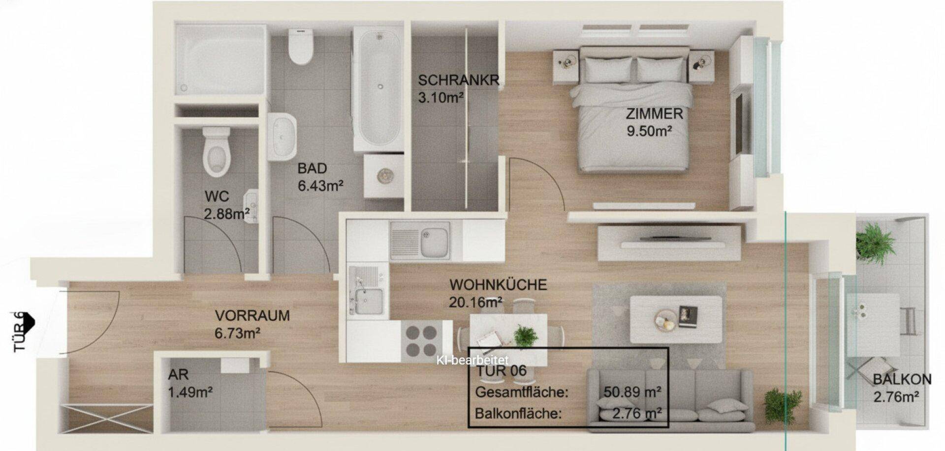 Detaillierter Grundriss einer Wohnung mit Schlafzimmer, Bad, Wohnküche und Balkon.