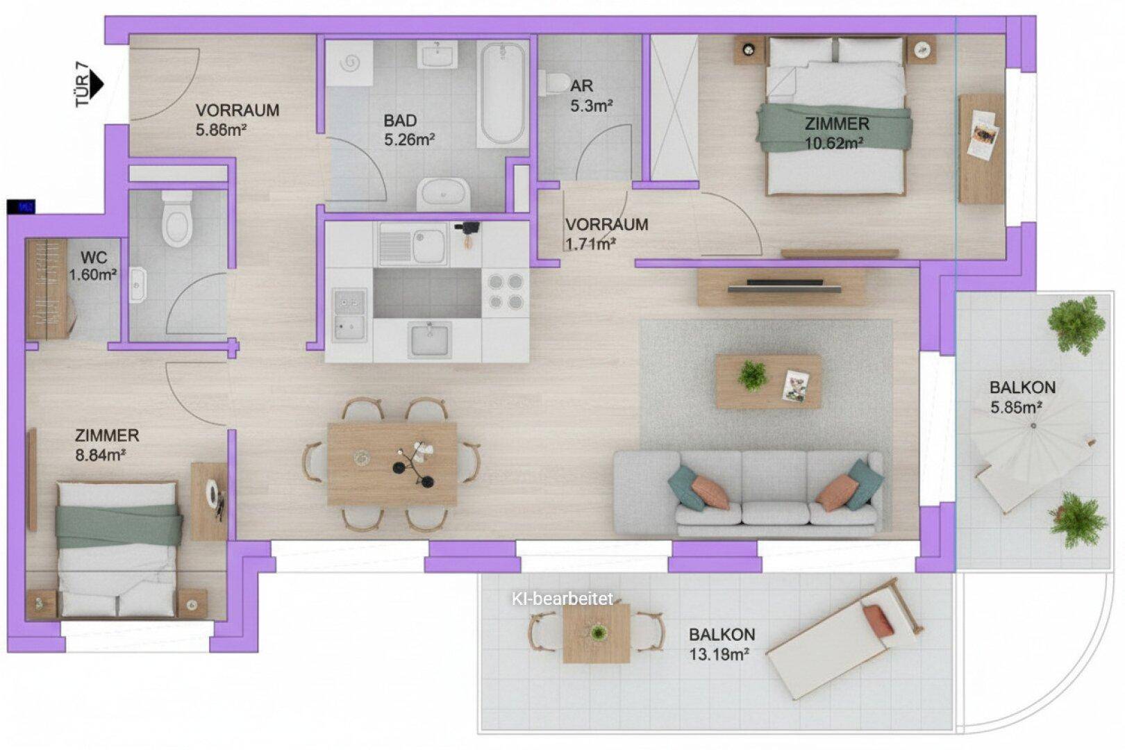 Detaillierter Grundriss einer Wohnung mit zwei Balkonen und offener Wohnküche.