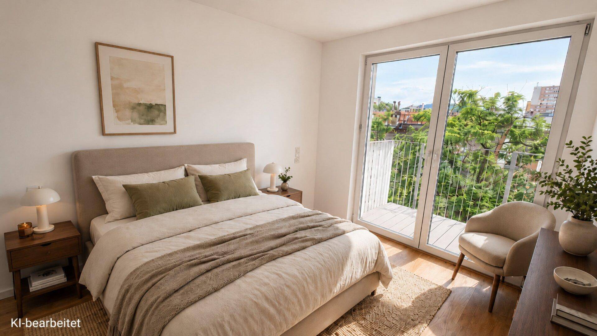 Helles Schlafzimmer mit Doppelbett, Holzboden und großem Fenster mit Blick ins Grüne.