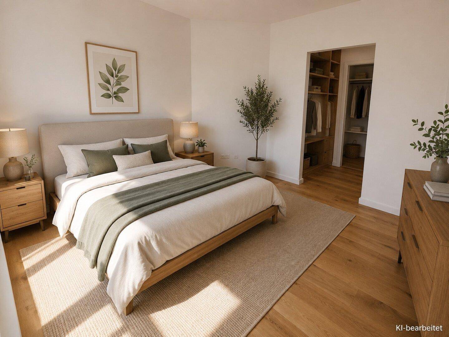 Geräumiges Schlafzimmer mit Holzboden, modernem Bett und offenem Zugang zum begehbaren Kleiderschrank.