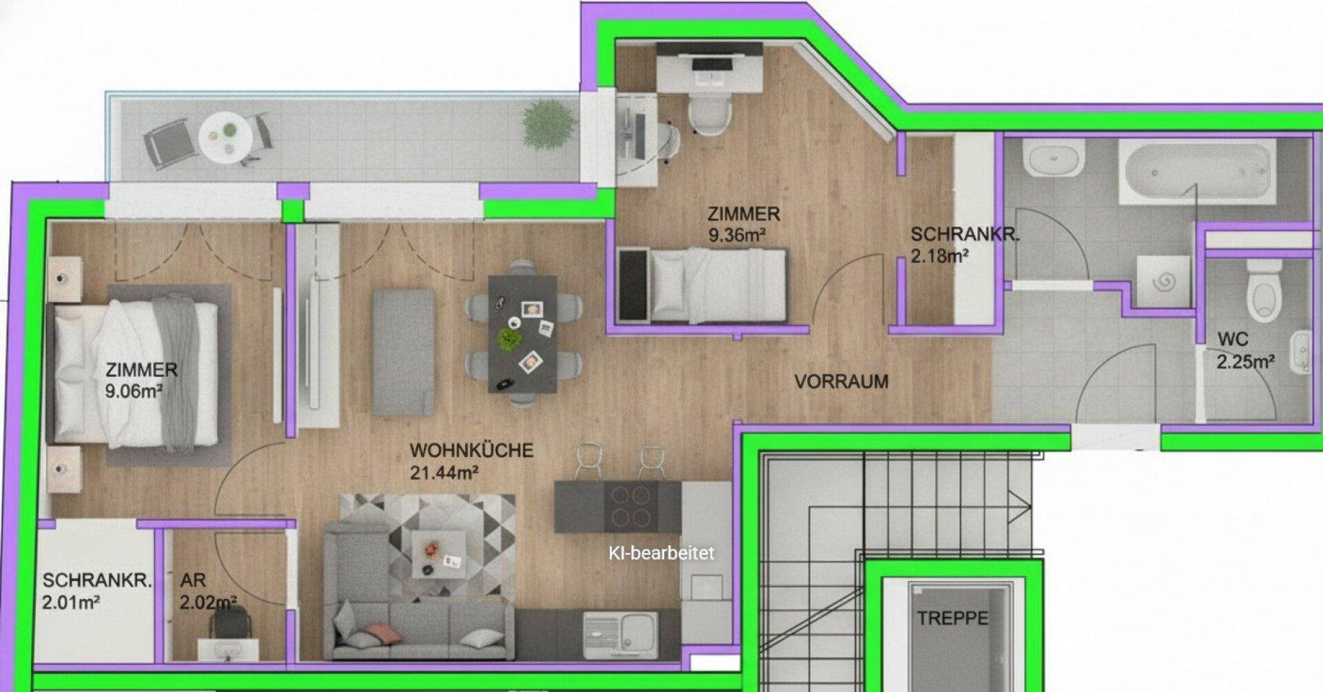 Detaillierter Grundriss einer Wohnung mit Wohnküche, zwei Zimmern, Bad und Balkon.