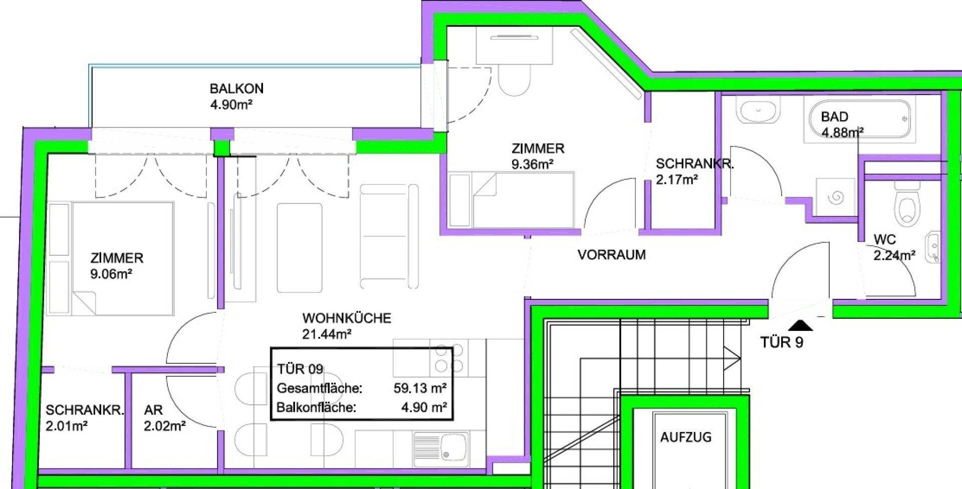 Übersichtlicher Grundriss einer Wohnung mit Wohnküche, zwei Schlafzimmern und Balkon.