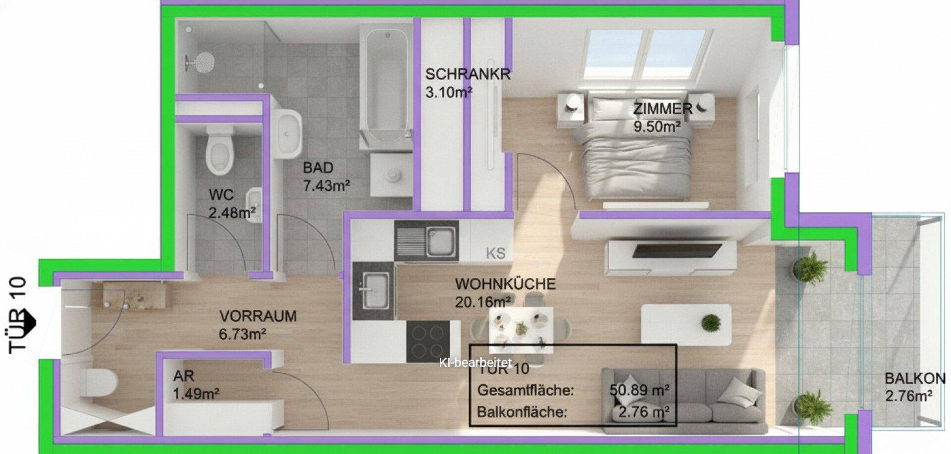 Farbiger Grundriss einer Wohnung mit offener Wohnküche, Schlafzimmer, Bad und Balkon.