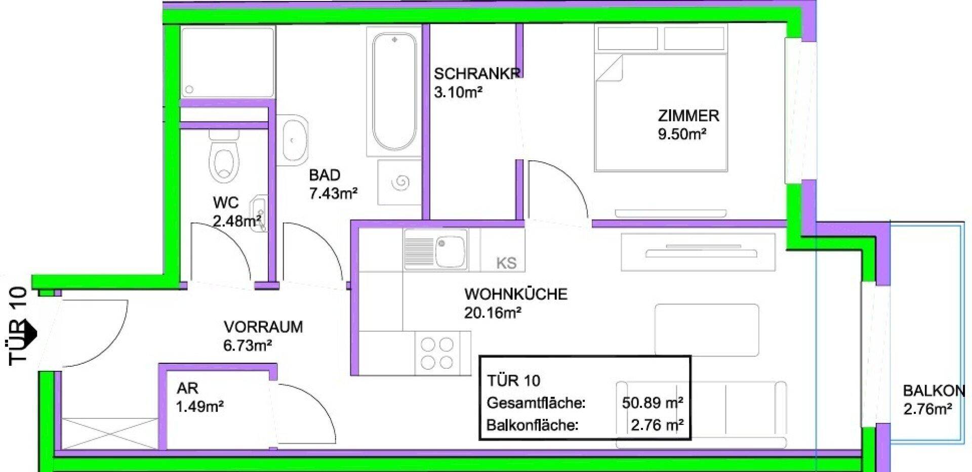 Schwarz-weißer Grundriss einer Wohnung mit klarer Raumaufteilung und Maßen.