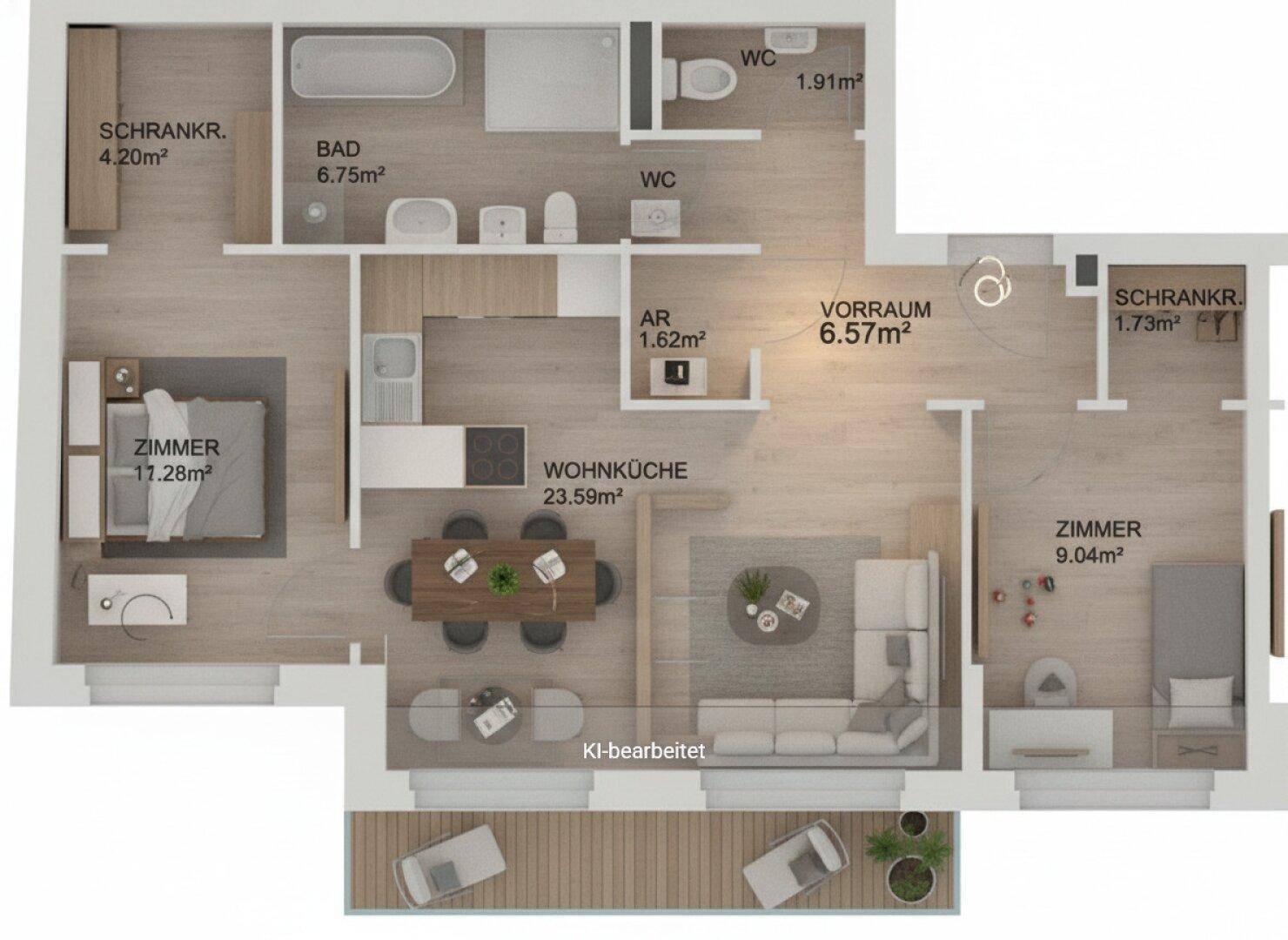 Detaillierter Grundriss einer modernen Wohnung mit offener Wohnküche, zwei Bädern und Balkon.